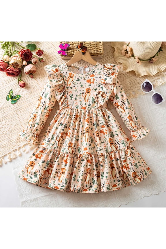 Girl Dresses Long Sleeve Cute Floral Tiger Print Princess Casual Dress Girls Dress Yellow 6-7 Years