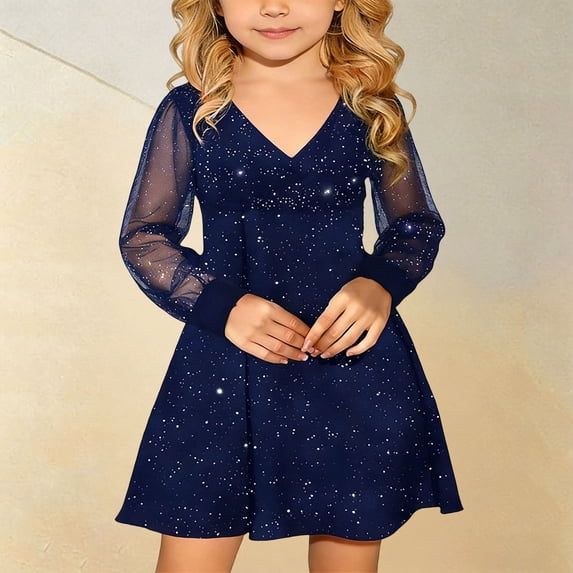 Girl Dresses Mesh Long Sleeve V Neck High Waist A Line Formal Party Shinny Short Dresses Girls Dress Blue 5-6 Years
