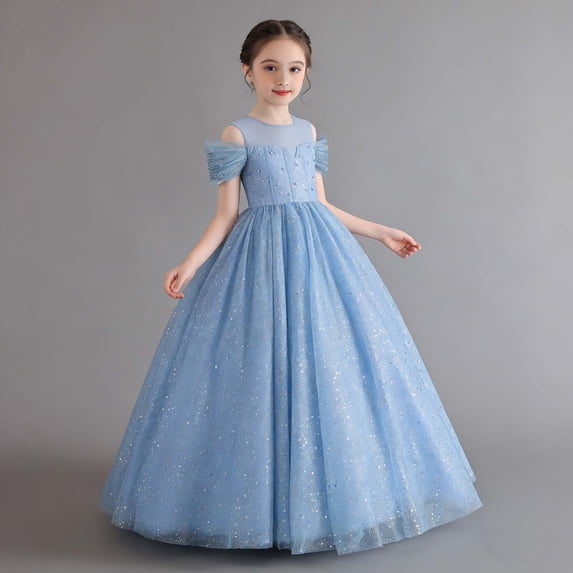 Girl Dresses Off Shoulder Party Gown Elegant Ruffled Formal Evening Pageant Dresses Dress for Girls Light Blue 13-14 Years