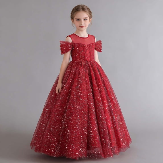 Girl Dresses Off Shoulder Party Gown Elegant Ruffled Formal Evening Pageant Dresses Dress for Girls Wine 4-5 Years