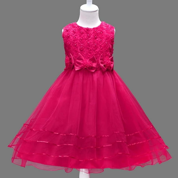 Girl Dresses Ruffle Lace Wedding Flower Girl Dress (Hot Pink 5-6 Years)