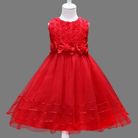 Girl Dresses Ruffle Lace Wedding Flower Girl Dress (Red 7-8 Years)