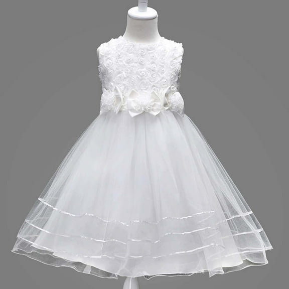 Girl Dresses Ruffle Lace Wedding Flower Girl Dress (White 4-5 Years)