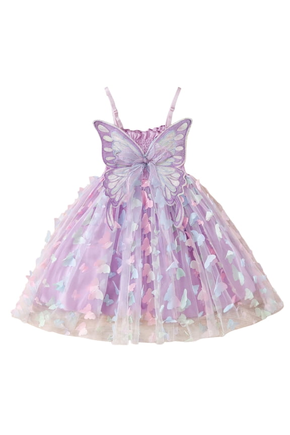 Girl Dresses Sleeveless Butterfly Print Mesh Dance Party Sling Dresses Baby Dress Purple 6-7 Years