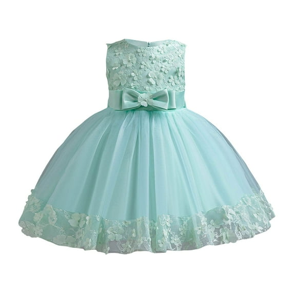 Girl Dresses Sleeveless Flowers Jacquard Elegant Full Length Bowknot Tutu Dresses Girls Dress Green 18-24 Months