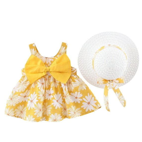Girl Dresses Summer Beach Vacation Sleeveless Bow Ruffles Floral Dresses Hat Girls Holiday Dress Yellow