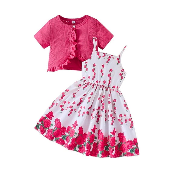 Girl Dresses Summer Jacquard Short Jacket Rose Print Strapless Dress Set Cute 2 Piece Outfit Toddler Girl Dress Watermelon Red 4 Years-5 Years