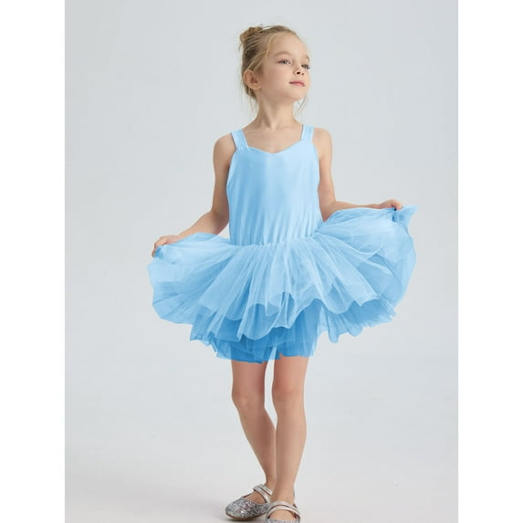Girl Dresses Toddler Ballet Tutu Skirt Leotards V Neck Camisole Dress Dance Outfit Ballerina - Gradient 1 7Years Sky Blue 120/(6-7 Years)