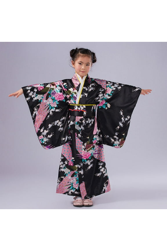 Girl Dresses Traditional Japanese Kimono Outfits Floral Long Robe Dresses Waistband Backrest Girls Dress Black 7-8 Years