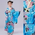 thumbnail image 1 of Girl Dresses Traditional Japanese Kimono Outfits Floral Long Robe Dresses Waistband Backrest Girls Dress Sky Blue 5-6 Years, 1 of 4