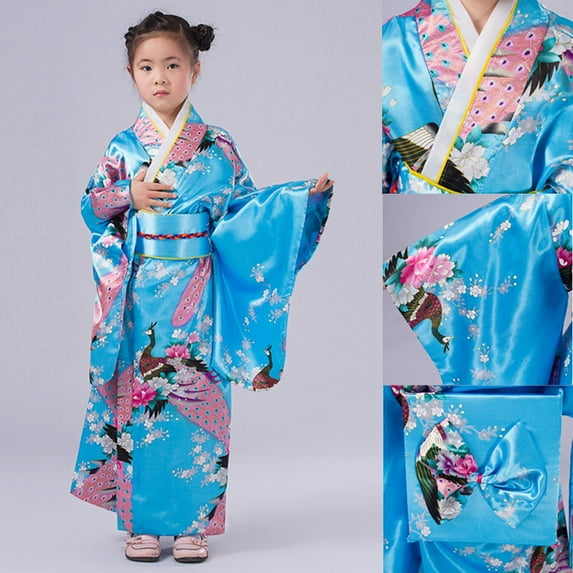 Girl Dresses Traditional Japanese Kimono Outfits Floral Long Robe Dresses Waistband Backrest Girls Dress Sky Blue 5-6 Years