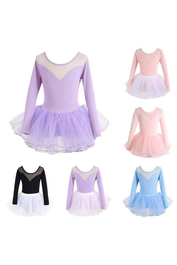 Girl Dresses Translucent Bodysuit Long Sleeve Solid Ballerina Jazz Romper Dance Leotard and Skirt Baby Girl Clothes Purple 14-15Years
