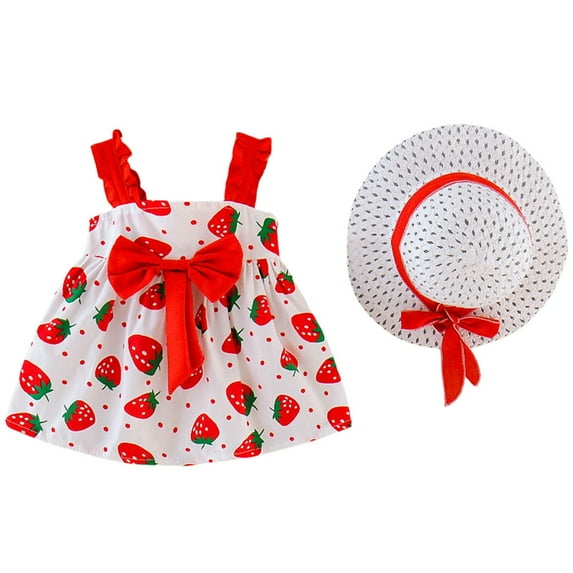 Girl Dresses Tutu Summer Sleeveless Backless Princess Floral Bow Dress With Straw Hat Set Graduation Dress Girls Red 18 Months-24 Months