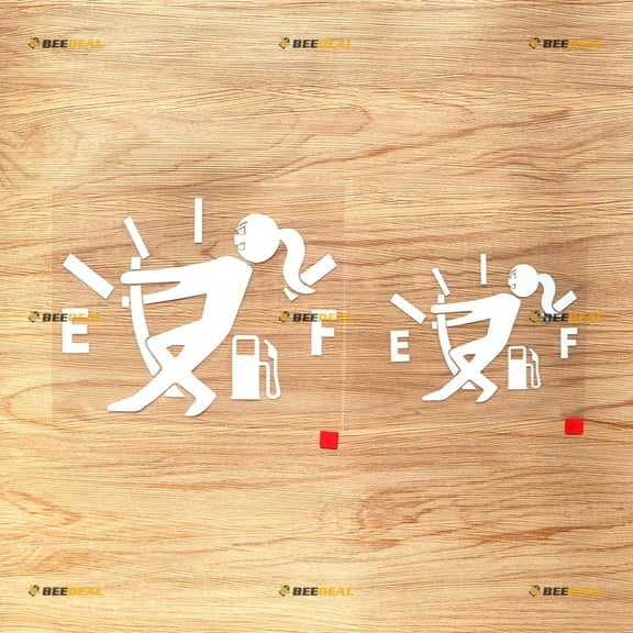 Girl Driver Pulling Gas Gauge Empty High Gas Consumption Fuel Funny Car Bumper Sticker Decal Vinyl - 2 Pack White, 4 Inches, 6 Inches - No Background Die Cut