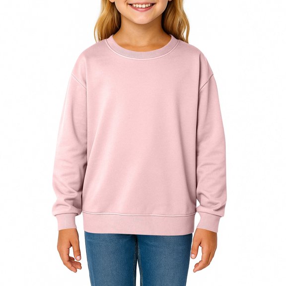 Girl Drop Shoulder Sweatshirt, Long Sleeve Oversized Fit Crewneck with Kangaroo Pocket, Trendy Casual Top for School, Weekend Adventures, and Street Style,Pink,110