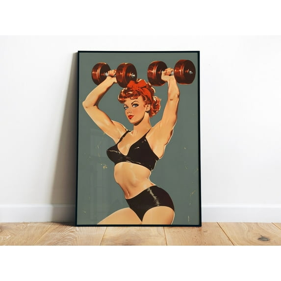 Girl With Dumbbells Retro Poster Gym Wall Art Weightlifting Poster Retro Gym Art Home Gym Decor Bodybuilder Print 50S 60S Wall Art, Modern Wall Decor, 8x12 UNFRAMED