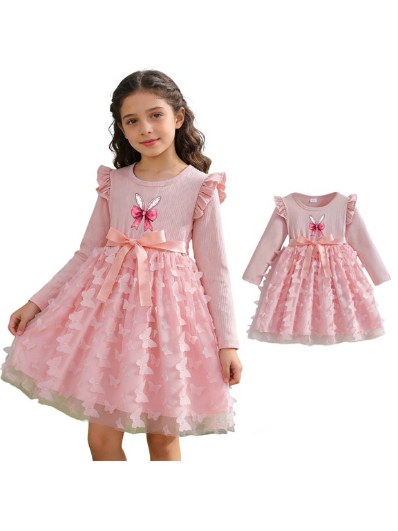 Girl Easter Dress Long Sleeve Bunny Print Dress Tulle Midi Dress Summer Dresses Girls Clothes for Girls 7-8 Years