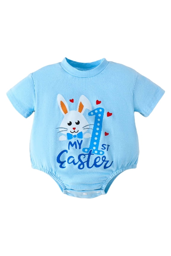 Girl Easter Outfit Cute Bunny Letter Embroider Short Sleeve Romper Bodysuit Easter Baby Gifts for Baby Girl 6-12 Months