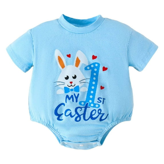 Girl Easter Outfit Cute Bunny Letter Embroider Short Sleeve Romper Bodysuit Easter Baby Gifts for Baby Girl 6-12 Months