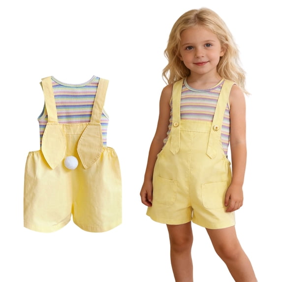 Girl Easter Outfit Sleeveless Striped Tank Top and Overalls 2 Peice Summer Outfit Set Dress up Party Outfit 7-8 Years Girls Outfits