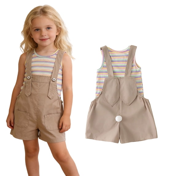Girl Easter Outfit Sleeveless Striped Tank Top and Overalls 2 Peice Summer Outfit Set Dress up Party Outfit Girl Clothes Size 6-7 Years