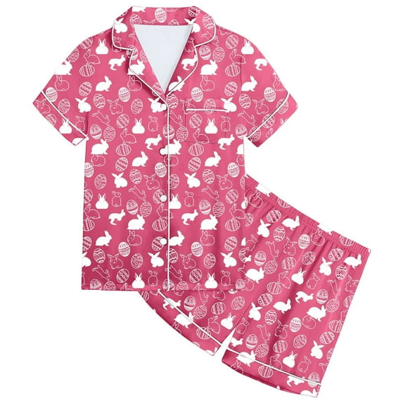 Girl Easter Pajamas 4t Button Down Lapel Short Sleeved Top Shorts Summer Sleepwear Sleepwear Easter Day Gift,Y1-Hot Pink,140(8-9 Years)