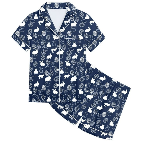 Girl Easter Pajamas 4t Button Down Lapel Short Sleeved Top Shorts Summer Sleepwear Sleepwear Easter Day Gift,Y1-Navy,130(6-7 Years)