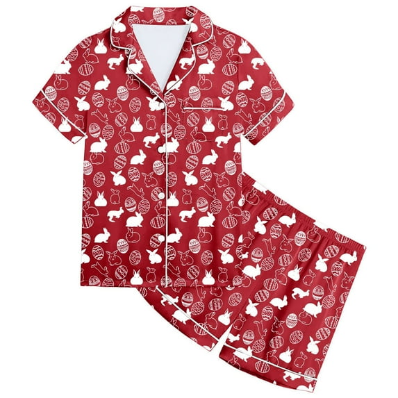 Girl Easter Pajamas 4t Button Down Lapel Short Sleeved Top Shorts Summer Sleepwear Sleepwear Easter Day Gift,Y1-Watermelon Red,150(10-11 Years)