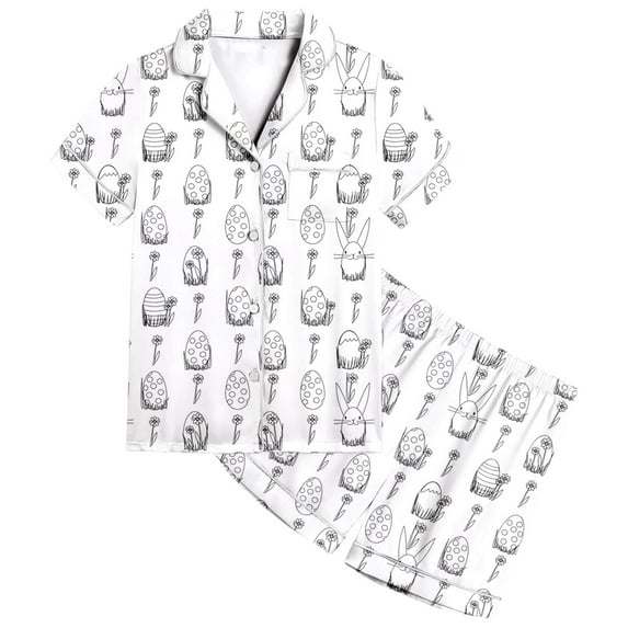 Girl Easter Pajamas 4t Button Down Lapel Short Sleeved Top Shorts Summer Sleepwear Sleepwear Easter Day Gift,Y12-White,140(8-9 Years)