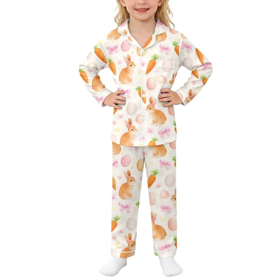 Girl Easter Pajamas Silk Pjs Kids Long Sleeve Cute Print Button down Nightwear Lounge Set Size 6-7 Years Girls Clothes