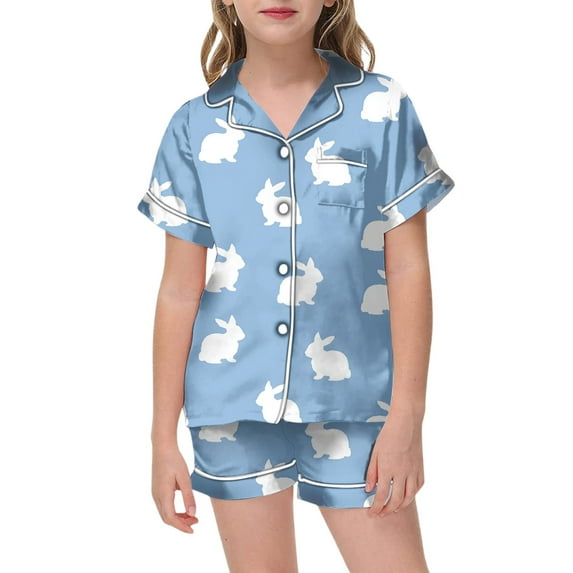Girl Easter Pajamas Size 8 Easter Bunny Print Silk Button-Down Nightwear Sleepwear Easter Day Gift Sleepwear,130(6-7 Years),X3-Blue