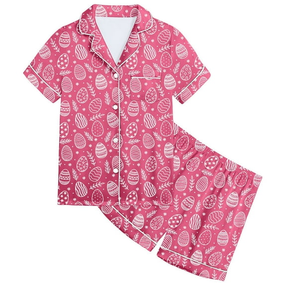 Girl Easter Pajamas Size 8 Easter Bunny Print Silk Button-Down Nightwear Sleepwear Easter Day Gift Sleepwear,160(12-13 Years),X1-Hot Pink