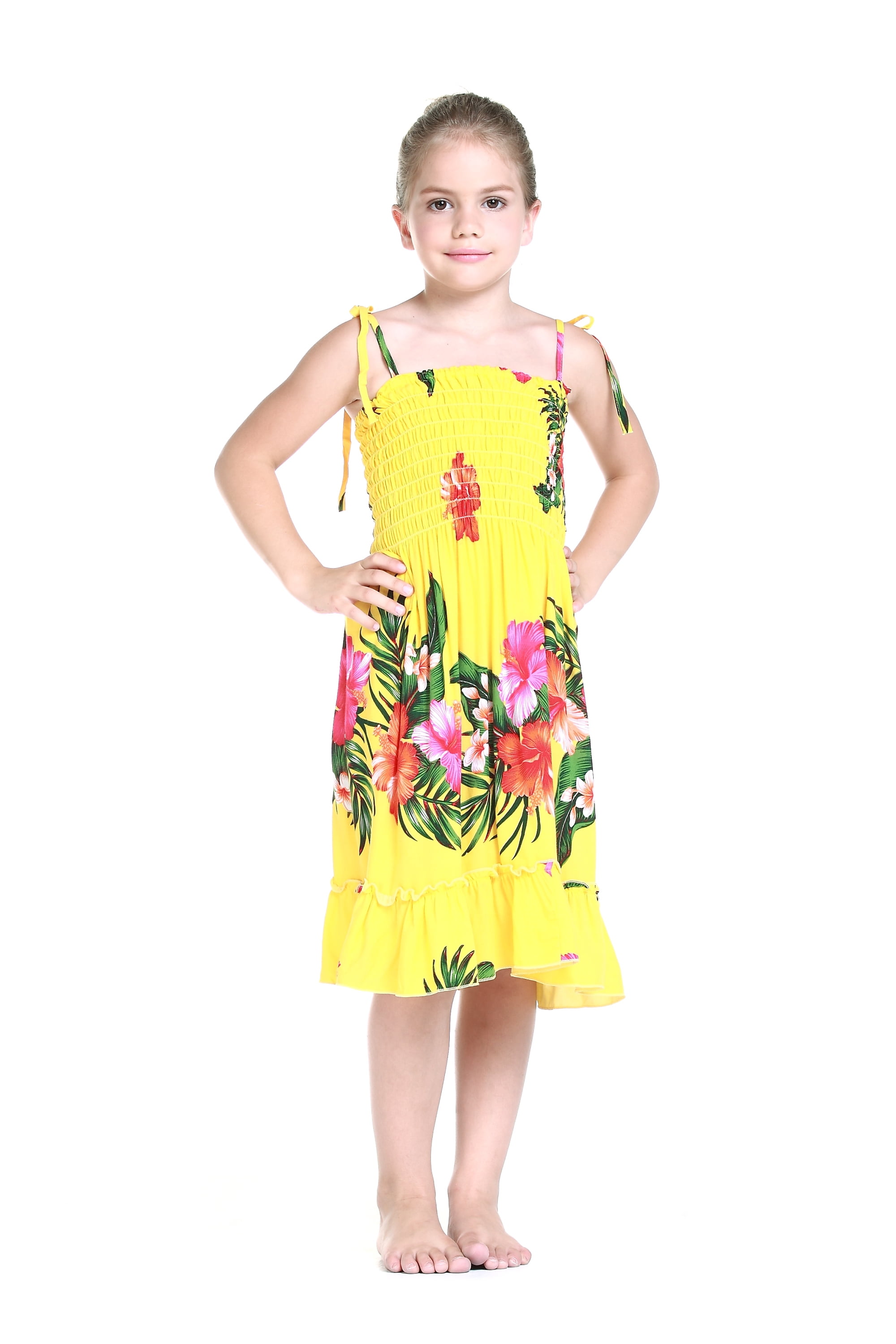 Girl Elastic Ruffle Hawaiian Luau Dress in Yellow Floral 2T - Walmart.com