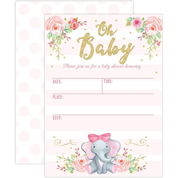 Girl Elephant Baby Shower Invitation, Pink Elephant Baby Shower, Jungle Baby Shower Invite, 20 Fill in Invitations and Envelopes