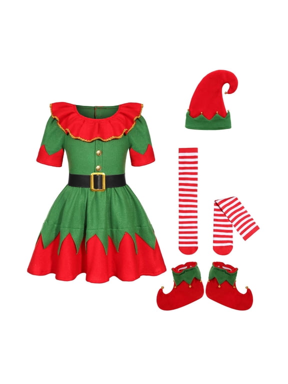 Girl Elf Outfit Short Sleeve Christmas Elf Dress Girls Hat Set Party Outfit Christmas Outfits for Kids 9-11 years