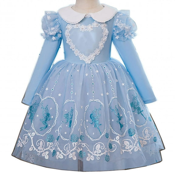 Girl Elsa Princess Dress Long Sleeve Snow Queen Birthday Dress Up, Size 2-7T