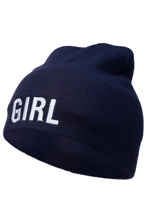Girl Embroidered Short Beanie - Navy OSFM