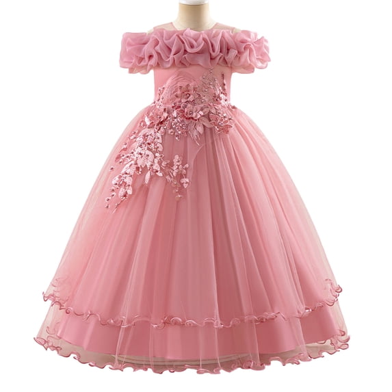 Girl Embroidery Strapless Shoulder Lace Princess Pageant Dress Prom Ball Gown