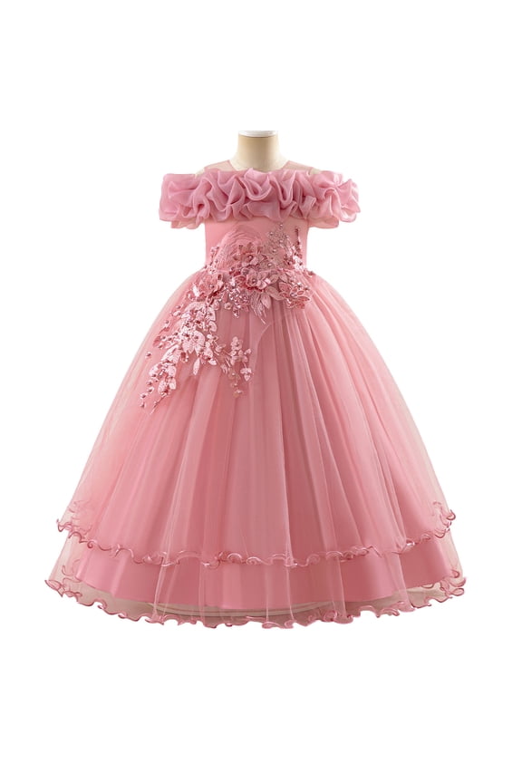 Girl Embroidery Strapless Shoulder Lace Princess Pageant Dress Prom Ball Gown