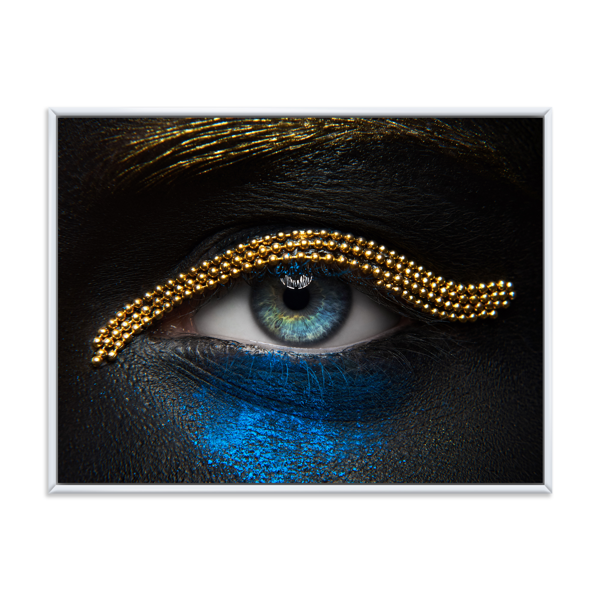 Girl Eyes With Gold Chain and Blue Pigment 40 in x 30 in Framed Painting Canvas Art Print, by Designart