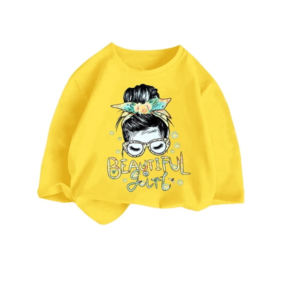 Girl Fall Blouses Casual Fashionable Printed Loose Round Neck Yellow Toddler Fall Clothing for 6-8 Years