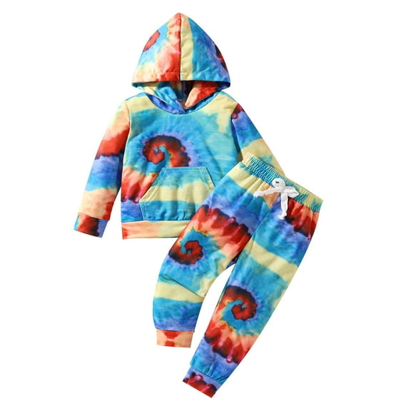 Girl Fall Outfits Tie Printed Hooded Sweatshirt and Pants Set Long Sleeved and Long Pants Two-Piece Set Boys and Girls Sets New Casual Matching Sets Light Blue 3T