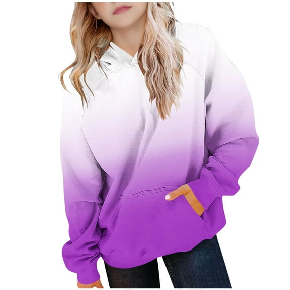 Girl Fashion Long Sleeve Blouse New Cute Hoodies for Teen Girls Trendy Gradient Fleece Lined Pullover Tops Oversized Long Sleeve Hooded Sweatshirts Purple 14 Years