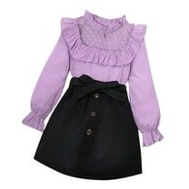 Girl Fashion Matching Set 8-11 Years Old Dot Ruffle Shirt Button A-Line Skirt New Trending Kids Skirt Suit, Purple, 11 Years