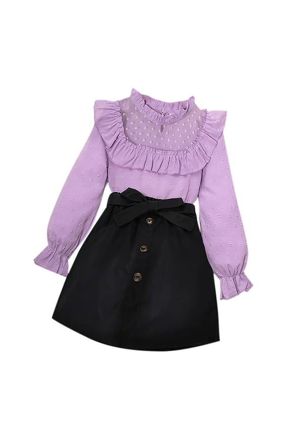 Girl Fashion Matching Set 8-11 Years Old Dot Ruffle Shirt Button A-Line Skirt New Trending Kids Skirt Suit, Purple, 9 Years