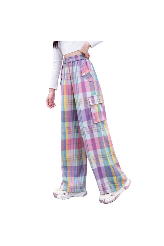 Girl Fashion Pants Loose Plaid Trousers Casual Pants Without Pockets Clothes