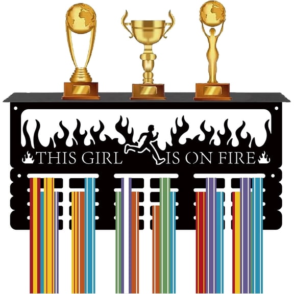 This Girl is on Fire Medal Hanger Display Trophy Shelf Medal Holder with Shelf Stand Sports 4 Rows Metal Hanging Wall Mount Frame Hold 70+ Medals for Running Ribbon Medals Rack 15.7x7.9Inch