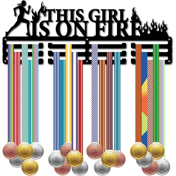This Girl Is on Fire Medal Holder Display Medal Hangers Sport Rack Iron Frame Metal Hook Wall Mount Medal Hanger Organizer for Hanging Runner Medals Marathon Running Medalist 15.7 x 5.9Inch