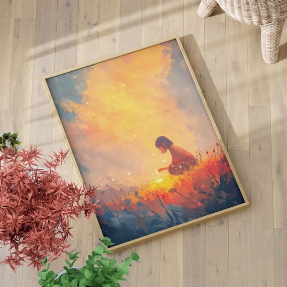 Girl Fireflies Meadow Sunset Wall Art, Whimsical Magical Landscape Decor, Unframed Paper Print Size 8x12