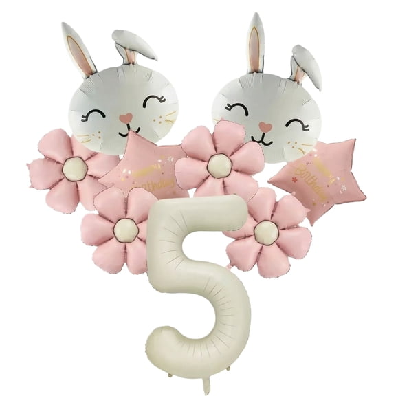 Girl First Birthday Decorations Pink Happy Birthday Foil Balloons, Bunny Flower Spring Party Decor Kit 1 Set